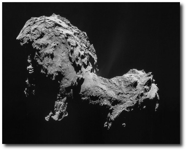 Greyscale photograph of Comet Churyumov–Gerasimenko taken by the Rosetta spacecraft
